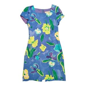 Vintage Jessica Howard Blue Floral Square-Neck Dress with Yellow & Green Print